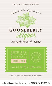 Family Recipe Gooseberry Liquor Acohol Label. Abstract Vector Packaging Design Layout. Modern Typography Banner with Hand Drawn Berries with Leaves Silhouette Logo and Background. Isolated.