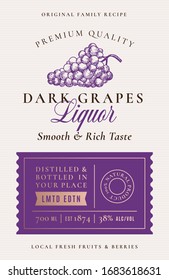 Family Recipe Grapes Liquor Acohol Label. Abstract Vector Packaging Design Layout. Modern Typography Banner with Hand Drawn Grape Berries Silhouette Logo and Background. Isolated.