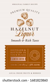 Family Recipe Hazelnut Liquor Acohol Label. Abstract Vector Packaging Design Layout. Modern Typography Banner with Hand Drawn Nuts Silhouette Logo and Background. Isolated.