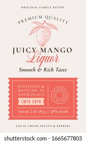 Family Recipe Juicy Mango Liquor Acohol Label. Abstract Vector Packaging Design Layout. Modern Typography Banner with Hand Drawn Mango with Leaves Silhouette Logo and Background. Isolated.