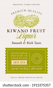 Family Recipe Kiwano Liquor Acohol Label. Abstract Vector Packaging Design Layout. Modern Typography Banner With Hand Drawn Fruit Silhouette Logo And Background. Isolated.