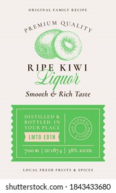 Family Recipe Kiwi Liquor Acohol Label. Abstract Vector Packaging Design Layout. Modern Typography Banner with Hand Drawn Fruit Silhouette Logo and Background. Isolated.