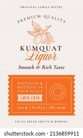 Family Recipe Kumquat Liquor Acohol Label. Abstract Vector Packaging Design Layout. Modern Typography Banner with Hand Drawn Fruit with a Slice Silhouette Logo and Background. Isolated