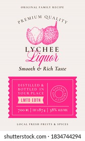 Family Recipe Lychee Liquor Acohol Label. Abstract Vector Packaging Design Layout. Modern Typography Banner with Hand Drawn Fruit Silhouette Logo and Background. Isolated.