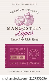 Family Recipe Mangosteen Liquor Acohol Label. Abstract Vector Packaging Design Layout. Modern Typography Banner With Hand Drawn Fruit With A Half Silhouette Logo And Background. Isolated