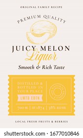 Family Recipe Melon Liquor Acohol Label. Abstract Vector Packaging Design Layout. Modern Typography Banner with Hand Drawn Whole Melon and Slice Silhouette Logo and Background. Isolated.