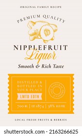 Family Recipe Nipplefruit Liquor Alcohol Label. Abstract Vector Packaging Design Layout. Modern Typography Banner with Hand Drawn Cows Udder Fruit with a Slice Silhouette Logo and Background. Isolated