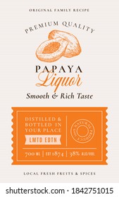 Family Recipe Papaya Liquor Acohol Label. Abstract Vector Packaging Design Layout. Modern Typography Banner with Hand Drawn Fruit Silhouette Logo and Background. Isolated.