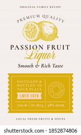 Family Recipe Passion Fruit Liquor Acohol Label. Abstract Vector Packaging Design Layout. Modern Typography Banner with Hand Drawn Fruit Silhouette Logo and Background. Isolated.