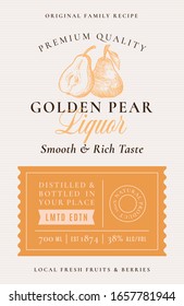 Family Recipe Pear Liquor Acohol Label. Abstract Vector Packaging Design Layout. Modern Typography Banner with Hand Drawn Pears with a Slice Silhouette Logo and Background. Isolated.