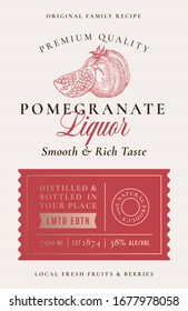 Family Recipe Pomegranate Liquor Acohol Label. Abstract Vector Packaging Design Layout. Modern Typography Banner with Hand Drawn Fruit with Slice Silhouette Logo and Background. Isolated.