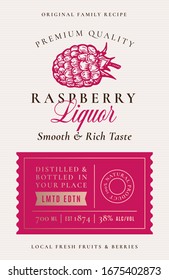 Family Recipe Raspberry Liquor Acohol Label. Abstract Vector Packaging Design Layout. Modern Typography Banner With Hand Drawn Ripe Berry Silhouette Logo And Background. Isolated.