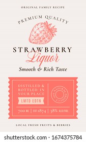 Family Recipe Strawberry Liquor Acohol Label. Abstract Vector Packaging Design Layout. Modern Typography Banner with Hand Drawn Berry Silhouette Logo and Background. Isolated.