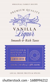 Family Recipe Vanilla Spice Liquor Acohol Label. Abstract Vector Packaging Design Layout. Modern Typography Banner with Hand Drawn Vanilla Flower Silhouette Logo and Background. Isolated.