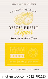 Family Recipe Yuzu Liquor Acohol Label. Abstract Vector Packaging Design Layout. Modern Typography Banner with Hand Drawn Fruit with a Slice Silhouette Logo and Background. Isolated