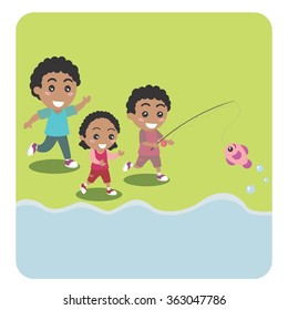 Family recreation. Dad playing go fishing with children in river daylight outdoor activity vector design.