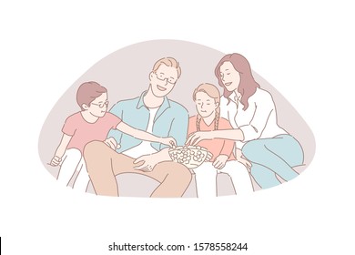 Family recreation, movie night, traditional values concept. Couple with little children watching TV and eating popcorn, happy parents and kids spend time together. Simple flat vector