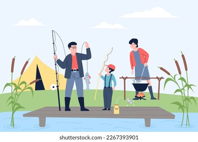 Family recreation on nature, father son fishing in pond. Parents with kid in hike, fisherman with rods. Summer seasonal outdoor leisure recent vector scene