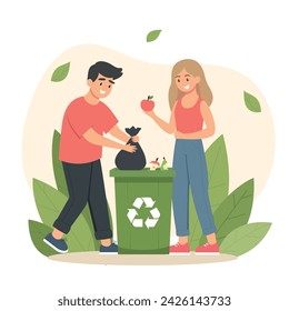 Family recycle organic garbage, collecting waste, throw trash garbage bag into a street bin container with recycling sign. 
