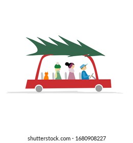 Family in red car with green christmas tree on the roof. Vector illustration