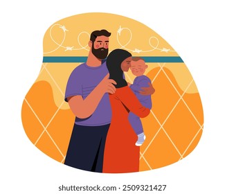 Família de refugiados. Homem e mulher com criança nas mãos. Imigração e deslocalização. Pessoas pobres e sem-teto com crianças. Ilustração de vetor plano isolada no plano de fundo branco