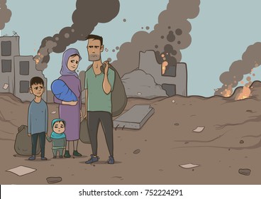 Family of refugees with two children on destroyed buildings background. Immigration religion and social theme. War crisis and immigration. Horizontal vector illustration characters.