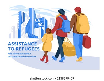 Family of refugees walking to the big light city. Safety place for people in war or crisis. Flat vector illustration. International and national refugees assistance. Shelter. 
