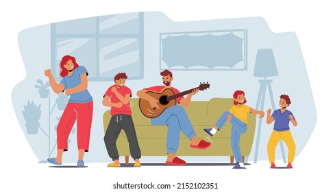 Family Rejoice, Home Party Concept. Parents and Kids Characters Dance, Father Playing Guitar, Mother with Children Happily Dancing in Living Room Together. Cartoon People Vector Illustration