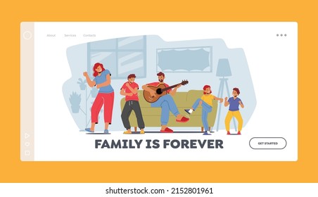Family Rejoice, Home Party Landing Page Template. Parents and Kids Characters Dance, Father Playing Guitar, Mother with Children Dancing in Living Room Together. Cartoon People Vector Illustration