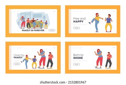 Family Rejoice, Home Party Landing Page Template Set. Parents and Kids Characters Dance, Father Playing Guitar, Mother with Children Dancing in Living Room Together. Cartoon People Vector Illustration