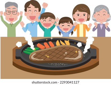 A family rejoicing with steak