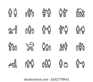 Family related vector linear icons set. Contains such icons as family, parents, children, mother, father, daughter, son, care and more. Isolated family related icons collection on white background.