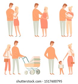 Family relation. Happy people kids other father students baby big family vector cartoon pictures