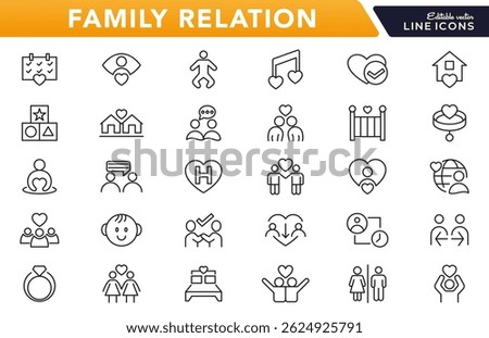 Family Relation line icon set. big family, social group, diversity, communication, couple, mother, love, photo album, child, children, adoption line icon set. Ui thin line icon pack.