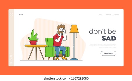 Family Relations, Divorce, Depression and Marriage Crisis Landing Page Template. Sad Man Character Sit in Living Room with Suffering Face Feel Bad cos of Quarrel with Wife. Linear Vector Illustration
