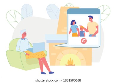 Family Relations, Generations. Senior Granny Chatting with Young Couple of Kids and Grandson, Grandparent or Elderly Parent Communicate with Children or Grandchildren, Cartoon Flat Vector Illustration