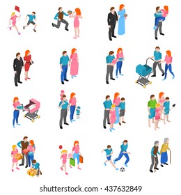 Family relations isometric icons set with engagement marriage parents with children and grandparents abstract isolated vector illustration 