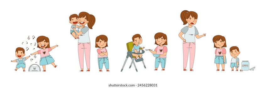 Family Relations with Siblings Together with Mom Vector Set