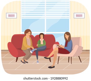 Concepto de relación familiar. Conversación entre madre, hijo y psicóloga o psicoterapeuta. La gente pelea. Mamá enojada grita a su hijo. Asesoramiento médico sobre psicología familiar
