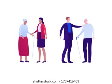 Family Relationship Concept. Vector Flat Person Illustration. Female And Male Support Their Senior Parent. Adult People With Old Parent Isolated On White. Design Element For Banner, Infographic, Web.