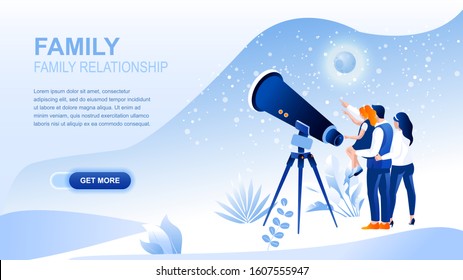 Family relationship flat landing page with header. Mother, father and child looking at stars in large telescope banner vector template. Stargazing, astronomy. Family relations, communication, teamwork