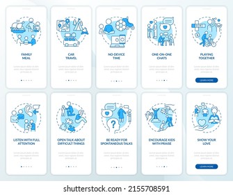 Family relationship management blue onboarding mobile app screen set. Walkthrough 5 steps graphic instructions pages with linear concepts. UI, UX, GUI template. Myriad Pro-Bold, Regular fonts used