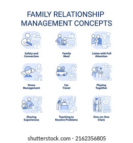 Family relationship management light blue concept icons set. Spend time together idea thin line color illustrations. Isolated symbols. Editable stroke. Roboto-Medium, Myriad Pro-Bold fonts used