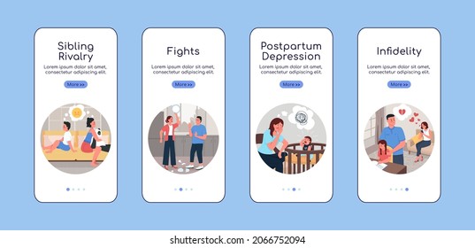 Family relationship problem onboarding mobile app screen flat vector template. Walkthrough website 4 steps with characters. Creative UX, UI, GUI smartphone cartoon interface, case prints set