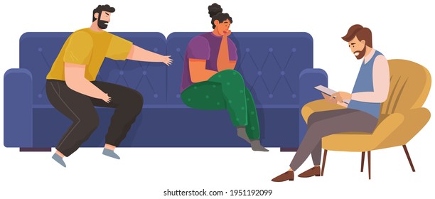 Family relationship problems. Conversation between man, woman and male psychologist, upset girl