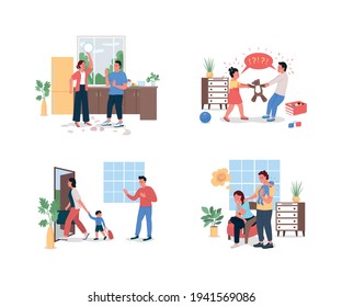 Family with relationship problems flat color vector detailed character set. Postpartum depression. Relatives in quarrel isolated cartoon illustration for web graphic design and animation collection
