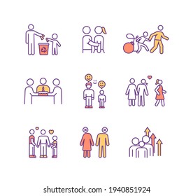 Family relationship RGB color icons set. Emotional support. Parent-child bond. Strengthening family bonds. Cheating, infidelity. Love and care. Marriage dissolution. Isolated vector illustrations