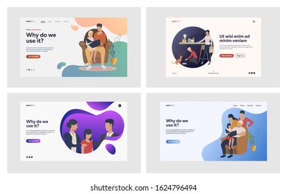 Family relationship set. Parents reading book with kids, giving support, feeding pet. Flat vector illustrations. Home, leisure, bonding concept for banner, website design or landing web page