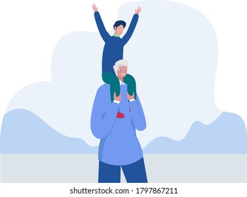 Family relationship vector concept: Grandfather carrying his grandson on the shoulder