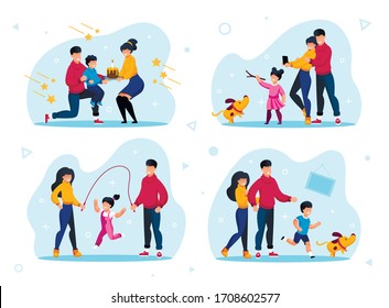 Family Relationships Happy Moments Trendy Flat Vector Concepts Set. Parents Celebrating Kids Birthday, Child Playing with Dog, Daughter Jumping on Rope with Father and Mother Isolated Illustrations